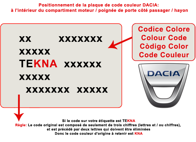 Trouver l'étiquette ou est indiqué le code de couleur de la teinte de votre voiture Dacia