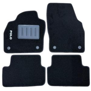 Kit 4 Tapis de sol Auto pour VOLKSWAGEN POLO VI phase 1, depuis 2017, avec sigle POLO, moquette noire, avec CLIPS, Neuf